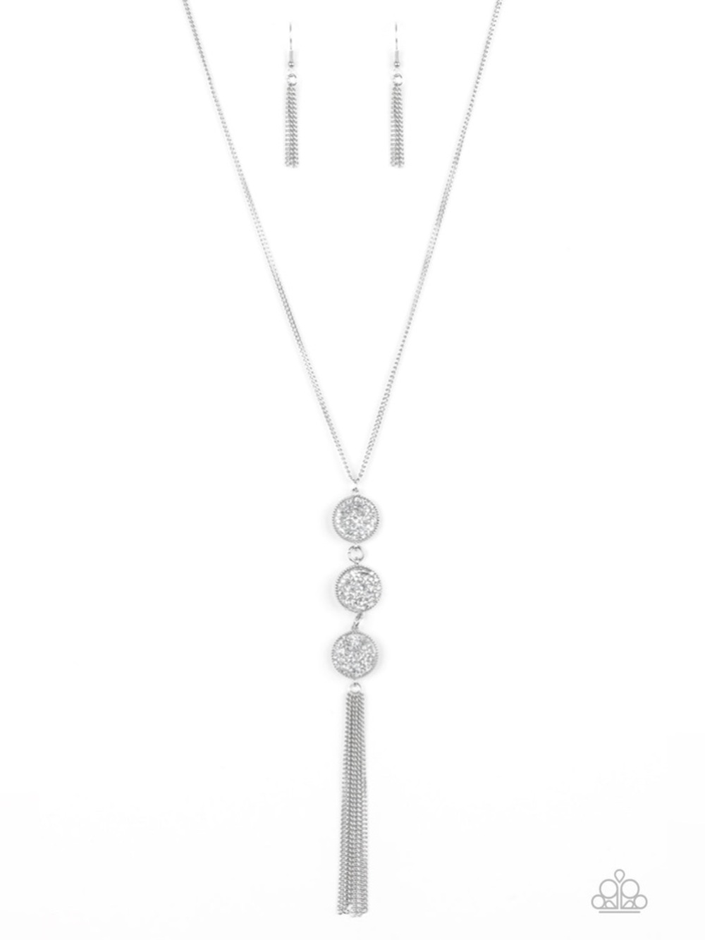 Triple Shimmer -  Silver Tone White Disc Tassel Long Necklace & Earrings Set - Picture 2 of 3